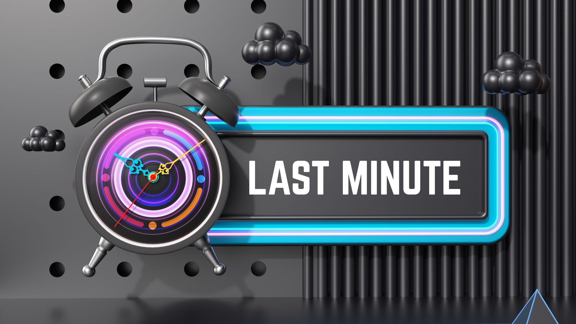 Retro Alarm Clock with "Last Minute" Sign 3D rendering.
Neon lights, glowing blue accents, colorful clock face, geometric shapes, cloud icons, metallic textures, perforated surface, high contrast, sleek design, time urgency concept.